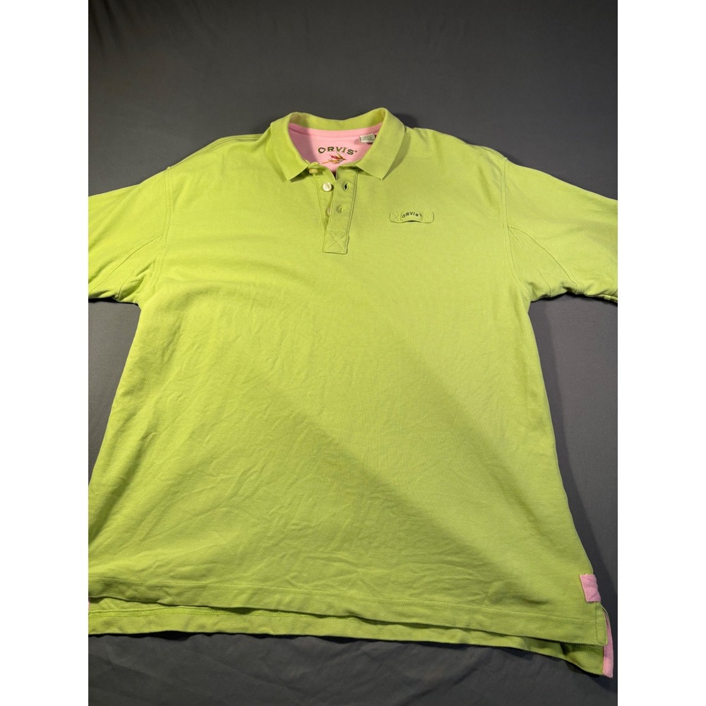 Orvis Mens Polo Shirt Large Lime Green Pink‎ Trim 100% Cotton Pique Short Sleeve